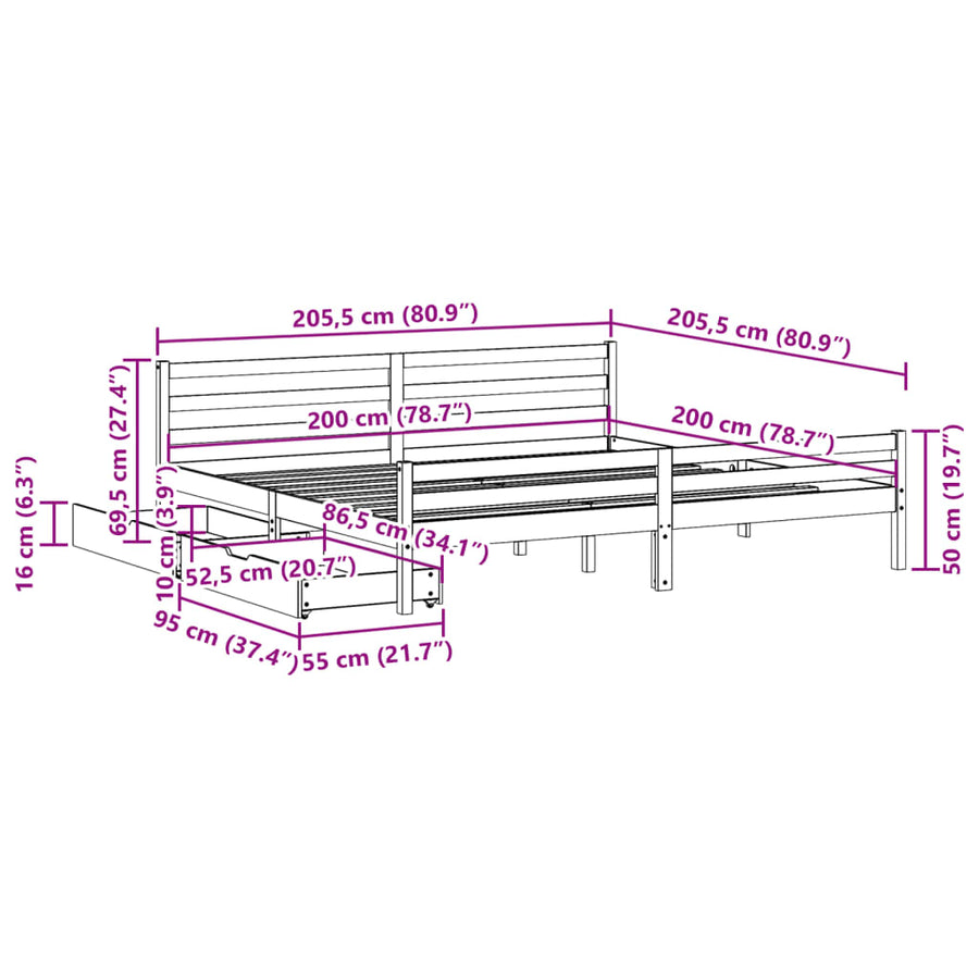Bedframe zonder matras massief grenenhout wit 200x200 cm