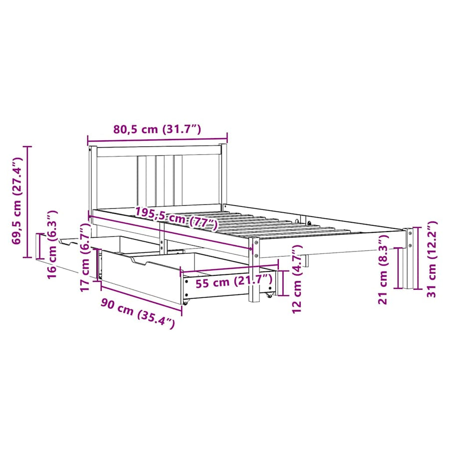 Bedframe Zonder Matras Massief Grenenhout 75 x 190 cm Naturel