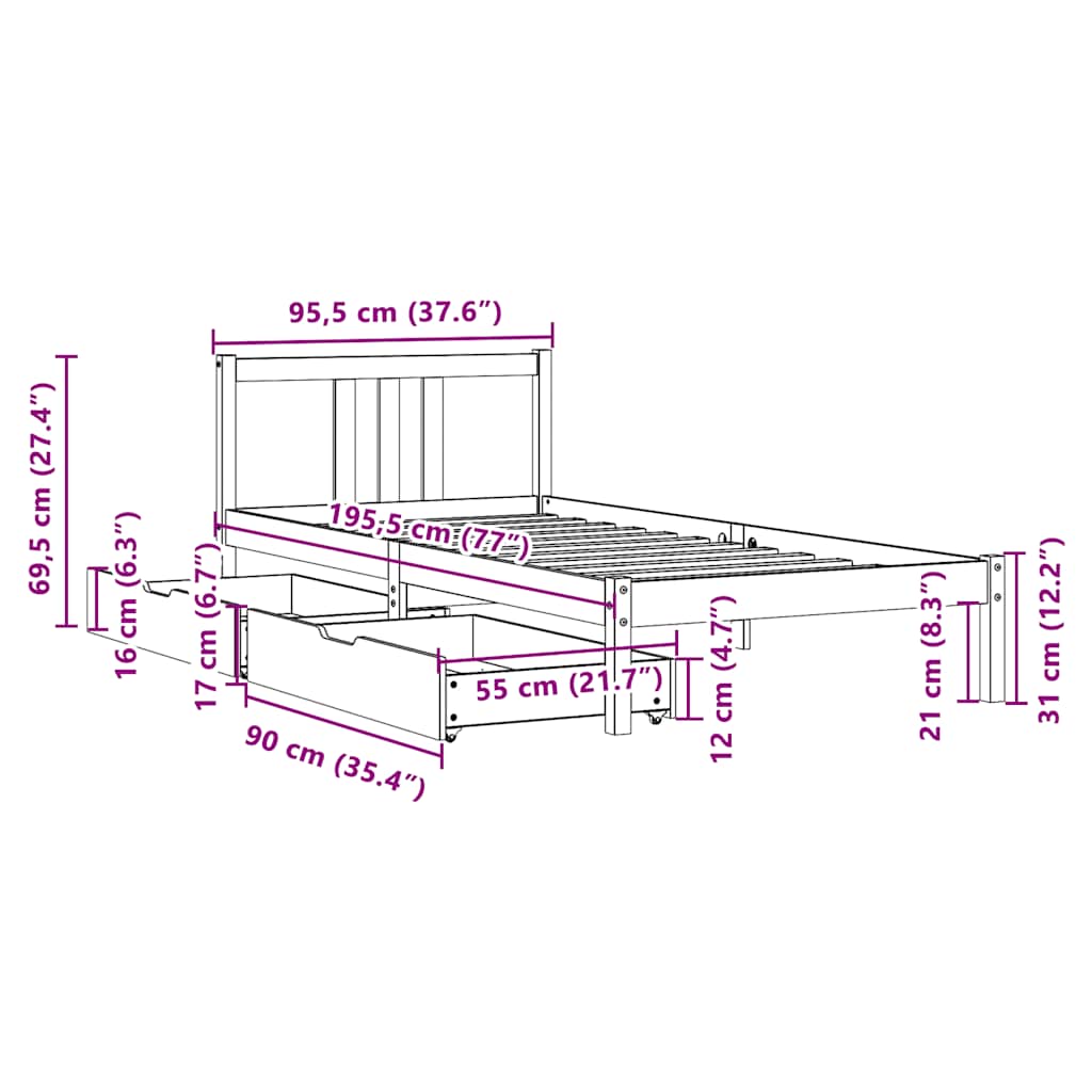Bedframe Zonder Matras Massief Grenenhout 90 x 190 cm Naturel