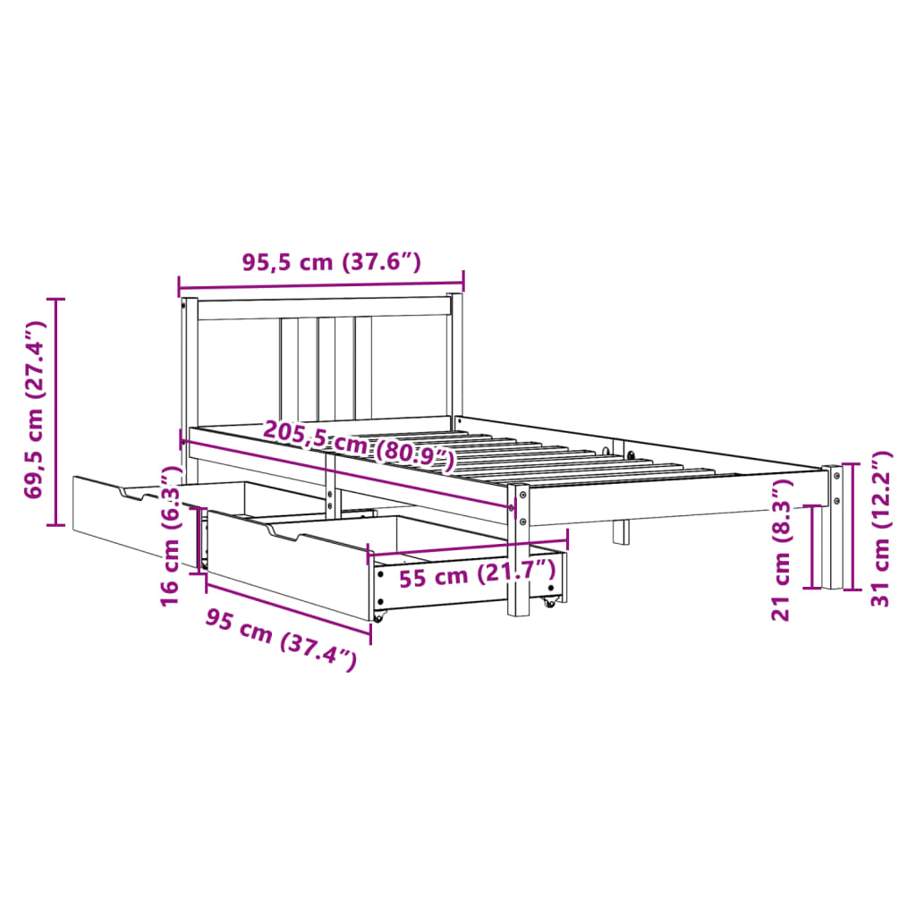 Bedframe zonder matras massief grenenhout wit 90x200 cm