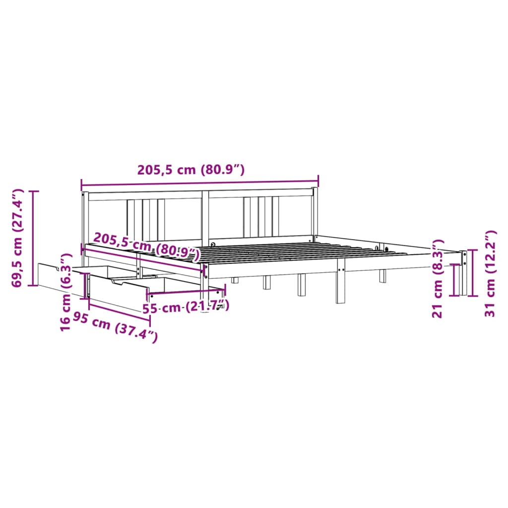 Bedframe zonder matras massief grenenhout wit 200x200 cm