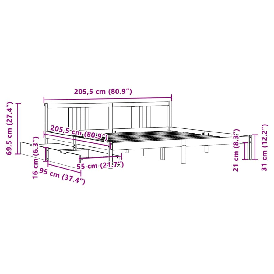 Bedframe zonder matras massief grenenhout wit 200x200 cm