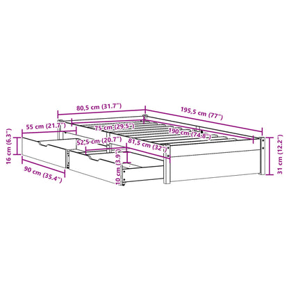 Bedframe zonder matras massief grenenhout 75x190 cm