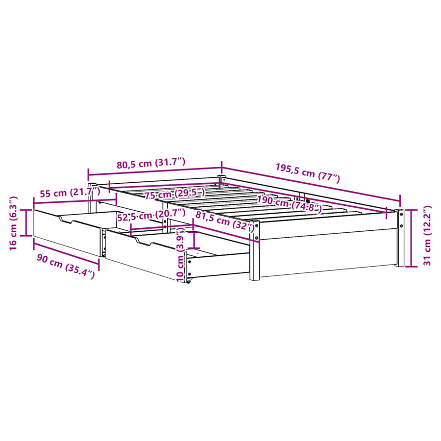 Bedframe zonder matras massief grenenhout 75x190 cm