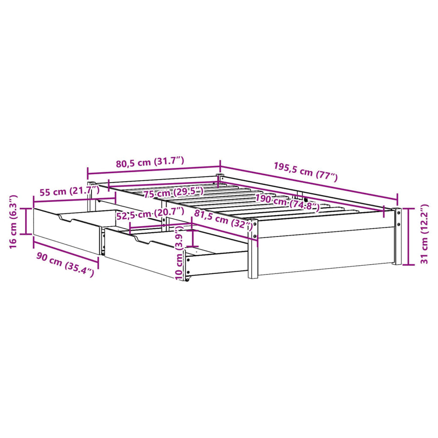 Bedframe zonder matras massief grenenhout wit 75x190 cm