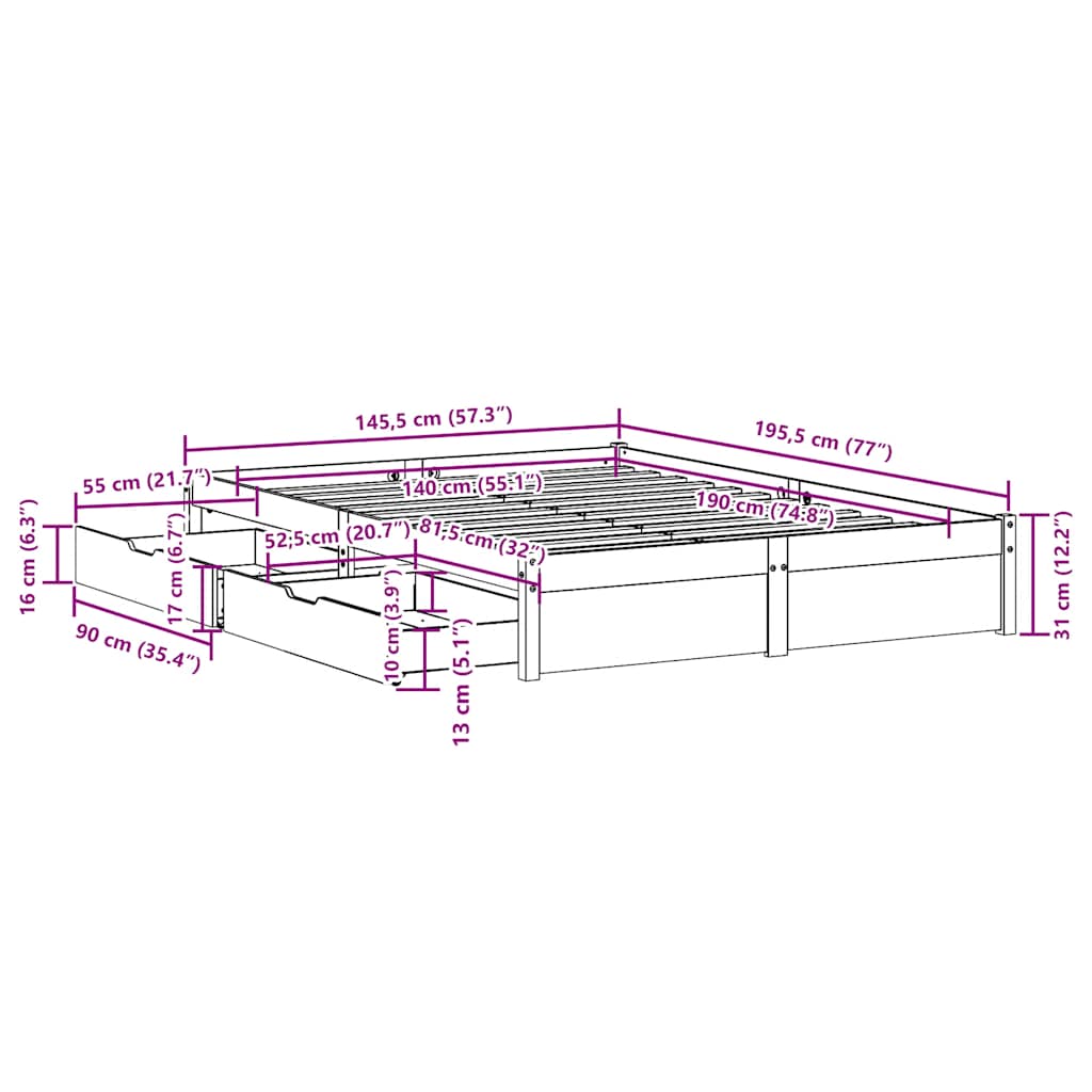 Bedframe zonder matras massief grenenhout 140x190 cm