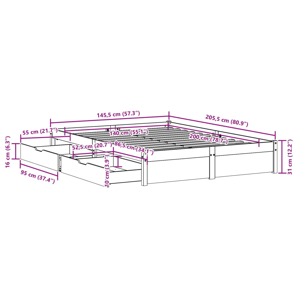 Bedframe zonder matras massief grenenhout wit 140x200 cm