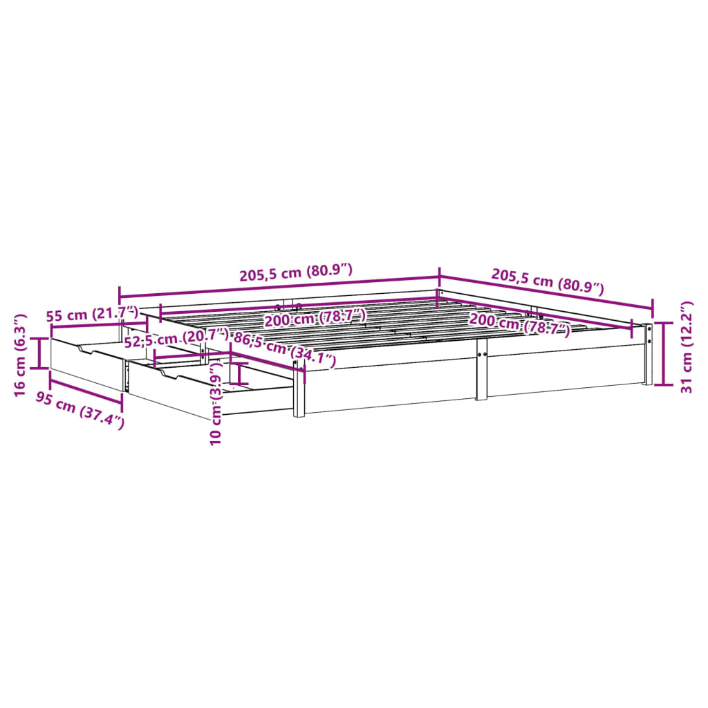 Bedframe zonder matras massief grenenhout 200x200 cm