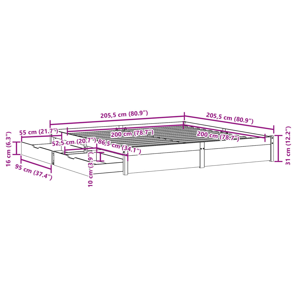 Bedframe zonder matras massief grenenhout wit 200x200 cm