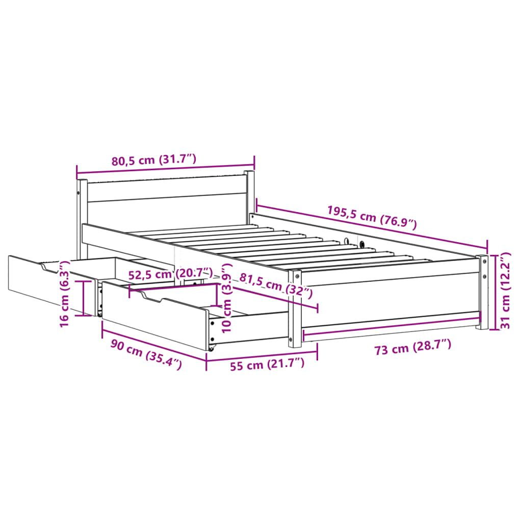 Bedframe zonder matras massief grenenhout 75x190 cm