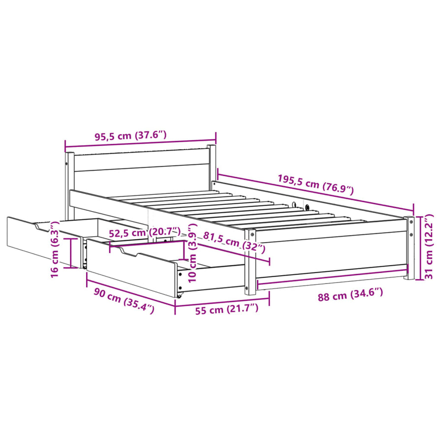Bedframe zonder matras massief grenenhout wit 90x190 cm