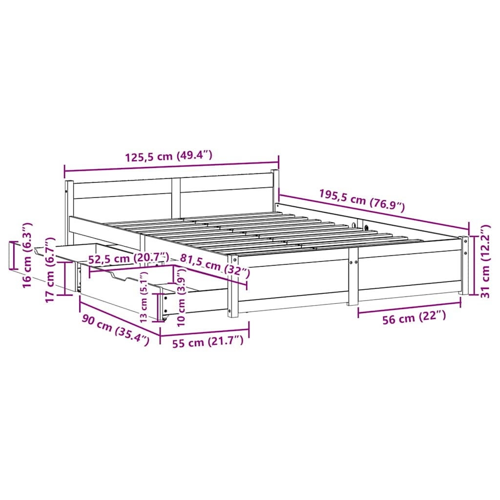 Bedframe zonder matras massief grenenhout wit 120x190 cm