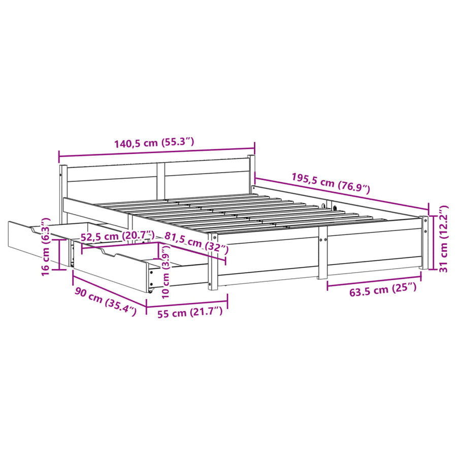 Bedframe zonder matras massief grenenhout wit 135x190 cm