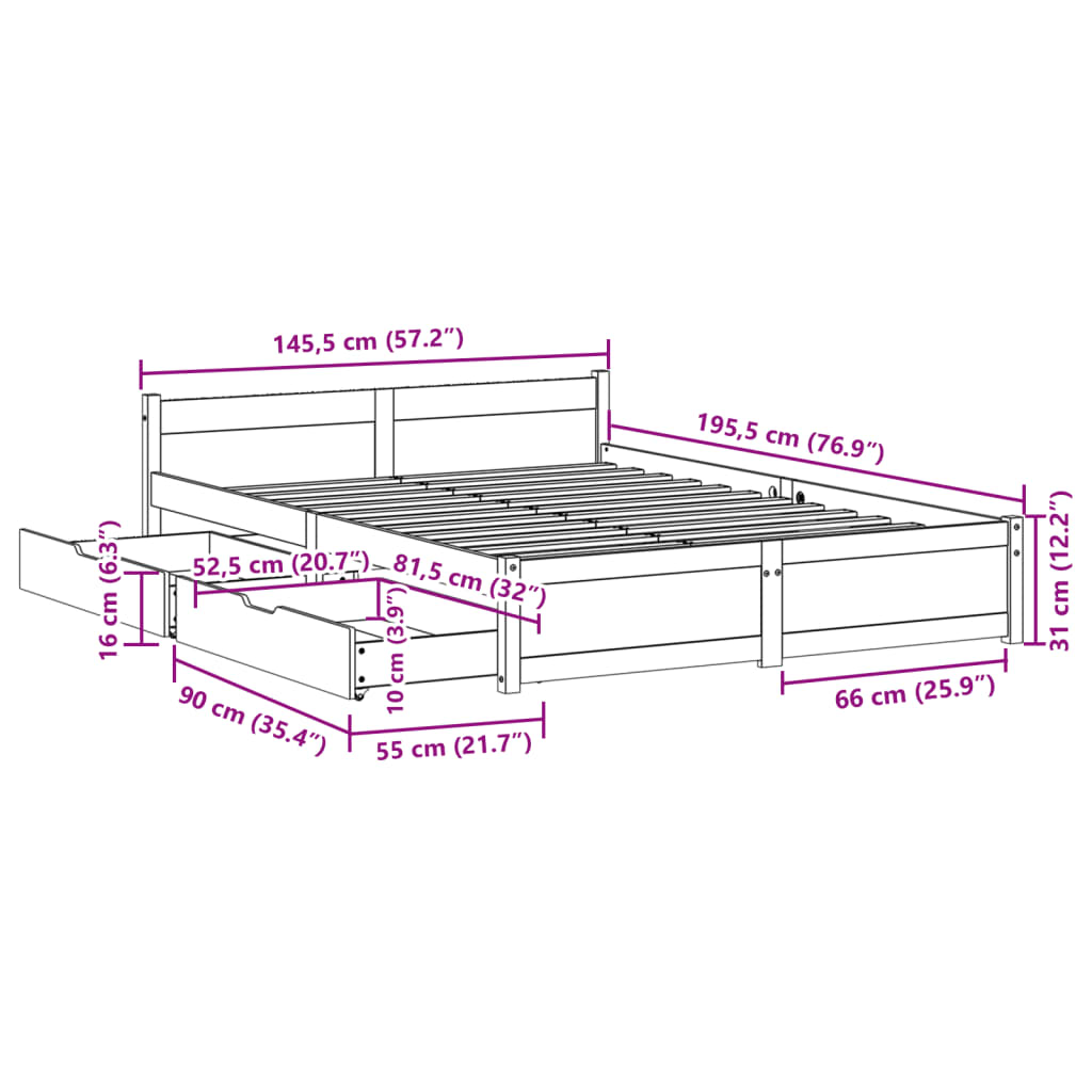 Bedframe zonder matras massief grenenhout wit 140x190 cm