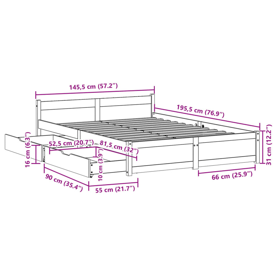 Bedframe zonder matras massief grenenhout wit 140x190 cm