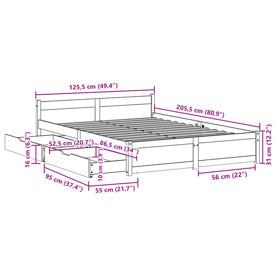 Bedframe zonder matras massief grenenhout wit 120x200 cm