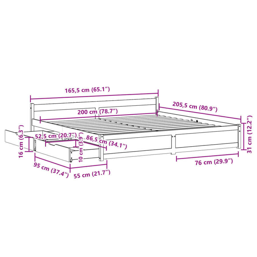 Bedframe zonder matras massief grenenhout wit 160x200 cm
