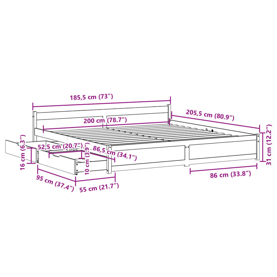 Bedframe zonder matras massief grenenhout wit 180x200 cm