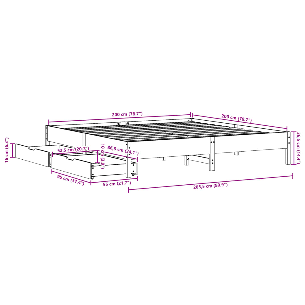 Bedframe zonder matras massief grenenhout wit 200x200 cm