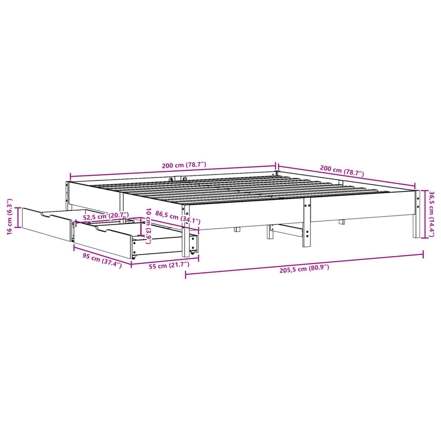Bedframe zonder matras massief grenenhout wit 200x200 cm