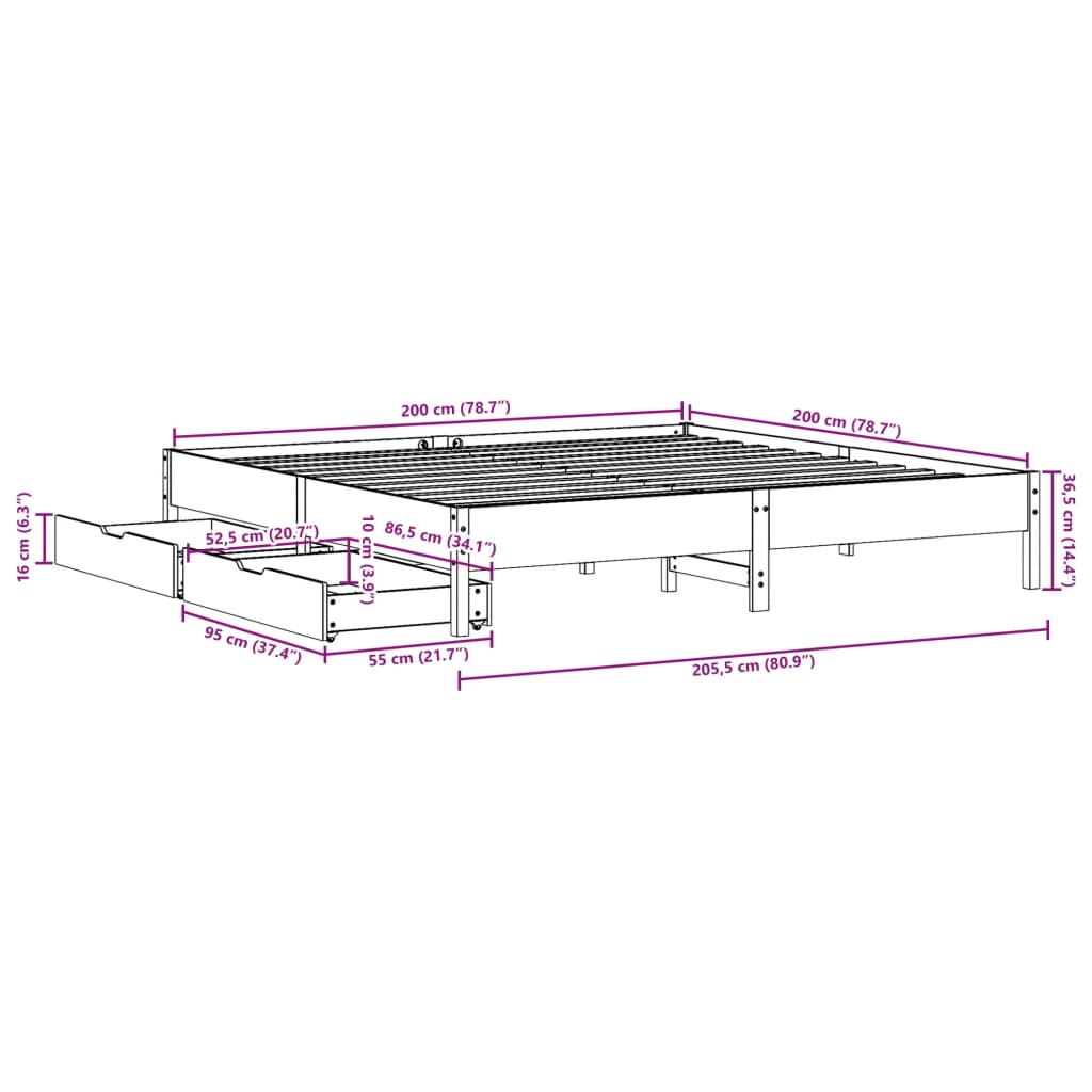 Bedframe zonder matras massief grenenhout wasbruin 200x200 cm