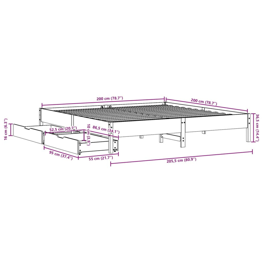 Bedframe zonder matras massief grenenhout wasbruin 200x200 cm