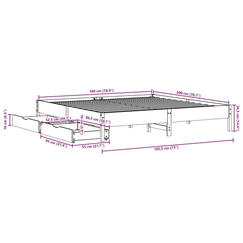 Bedframe zonder matras massief grenenhout wit 180x200 cm