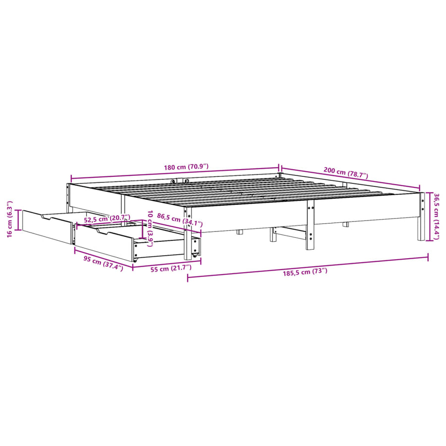 Bedframe zonder matras massief grenenhout wit 180x200 cm