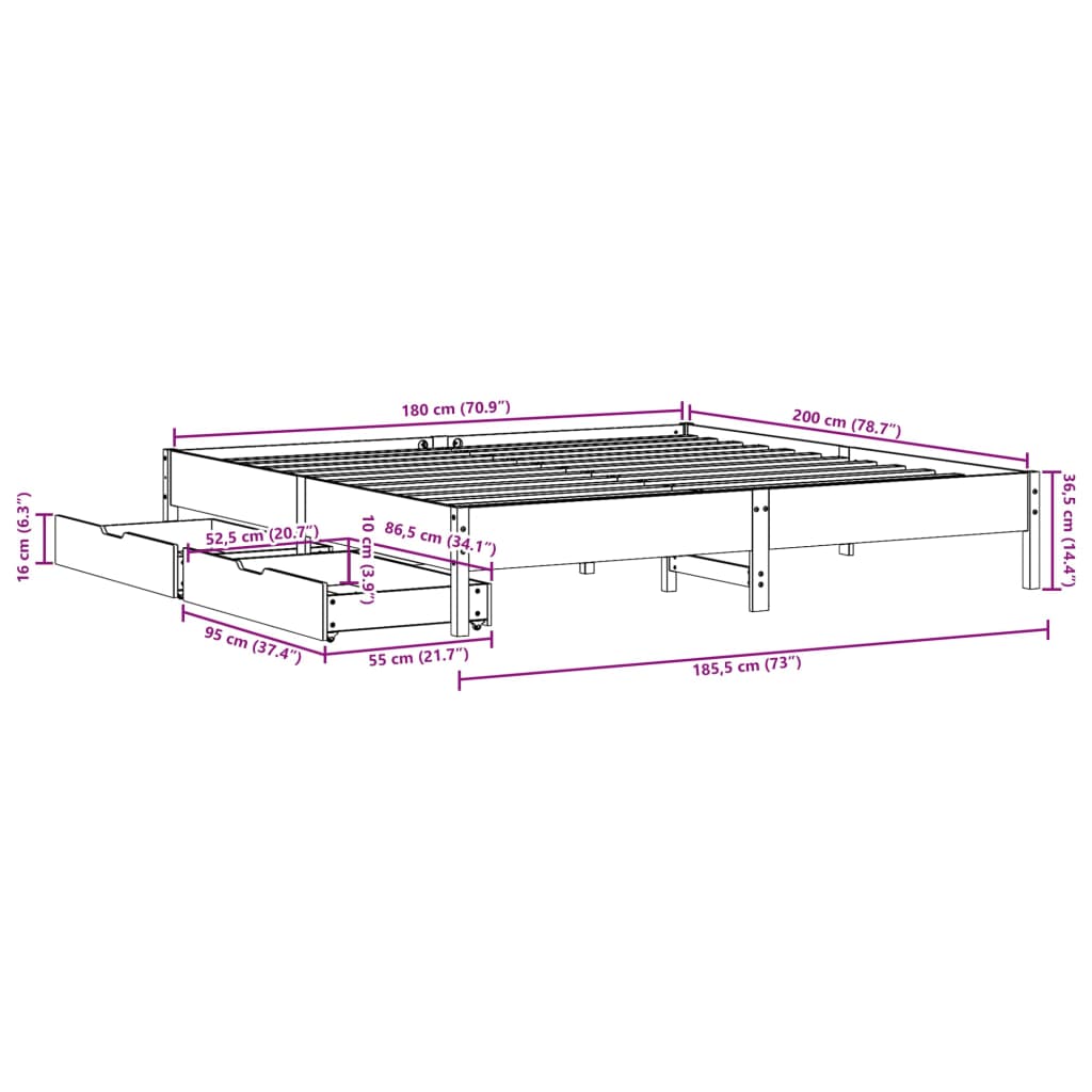 Bedframe zonder matras massief grenenhout wasbruin 180x200 cm