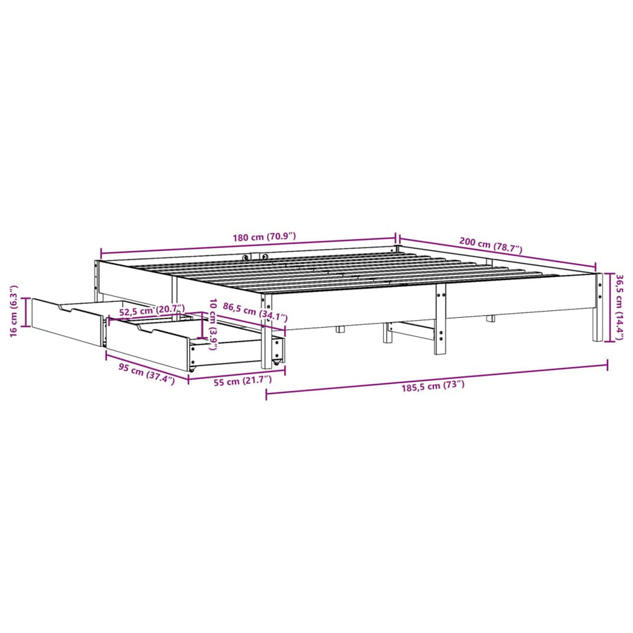 Bedframe zonder matras massief grenenhout wasbruin 180x200 cm