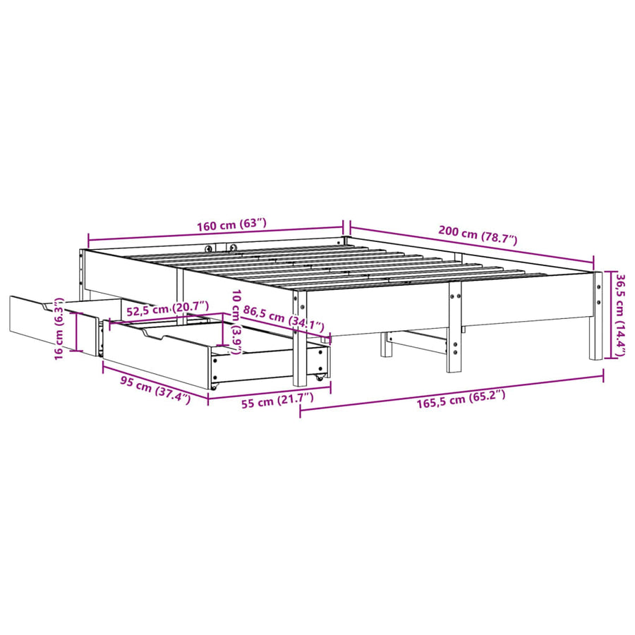 Bedframe zonder matras massief grenenhout wit 160x200 cm