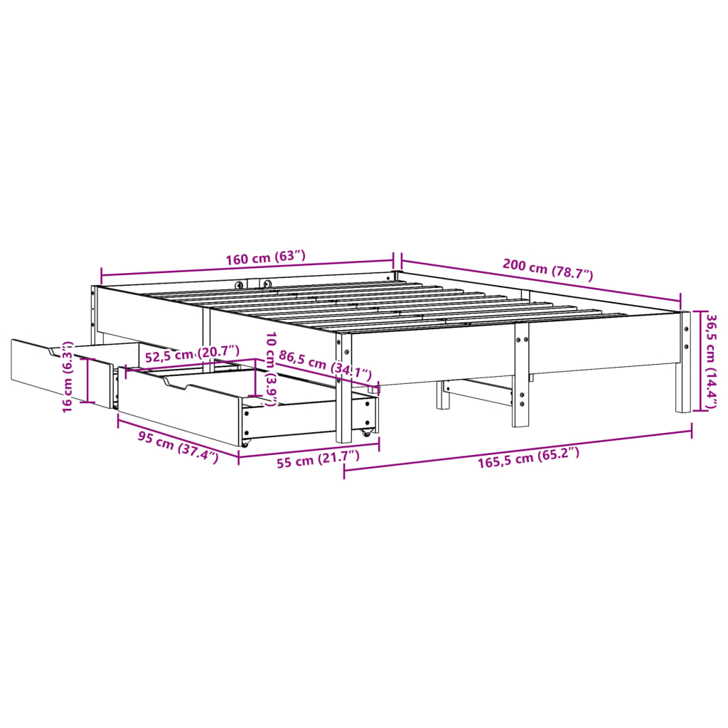 Bedframe zonder matras massief grenenhout wasbruin 160x200 cm