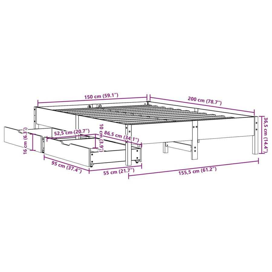 Bedframe zonder matras massief grenenhout wit 150x200 cm