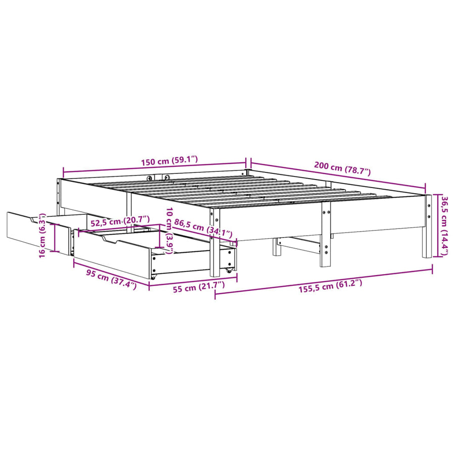Bedframe zonder matras massief grenenhout wasbruin 150x200 cm