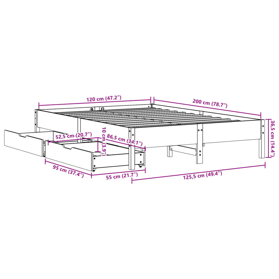 Bedframe zonder matras massief grenenhout wit 120x200 cm