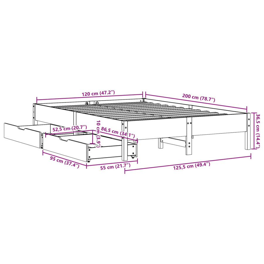 Bedframe zonder matras massief grenenhout wasbruin 120x200 cm