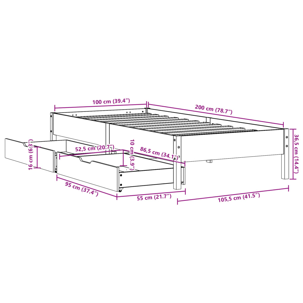 Bedframe zonder matras massief grenenhout wasbruin 100x200 cm
