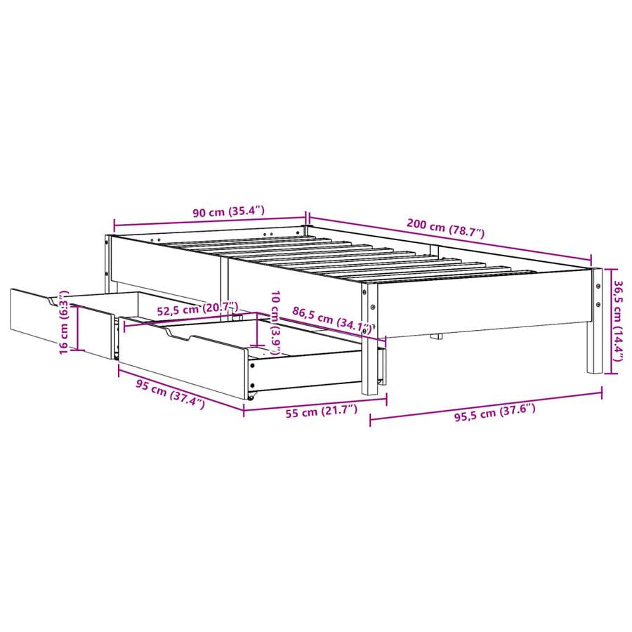 Bedframe zonder matras massief grenenhout wit 90x200 cm
