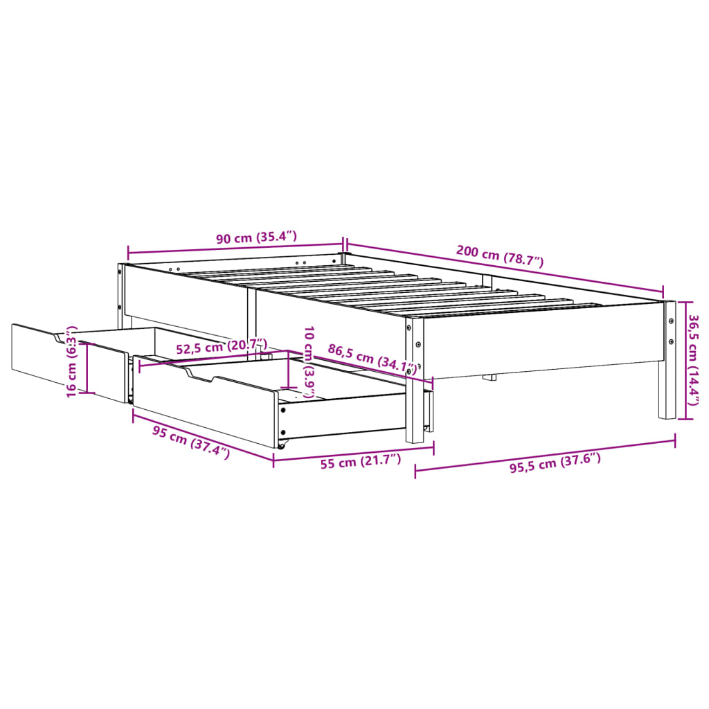 Bedframe zonder matras massief grenenhout wasbruin 90x200 cm