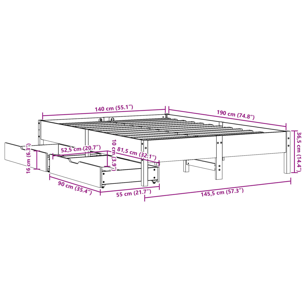 Bedframe zonder matras massief grenenhout 140x190 cm