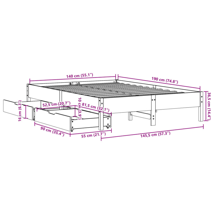 Bedframe zonder matras massief grenenhout wit 140x190 cm
