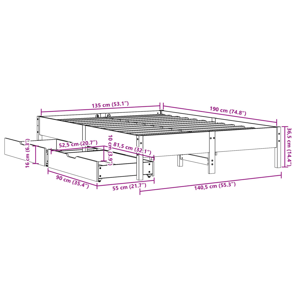 Bedframe zonder matras massief grenenhout 135x190 cm
