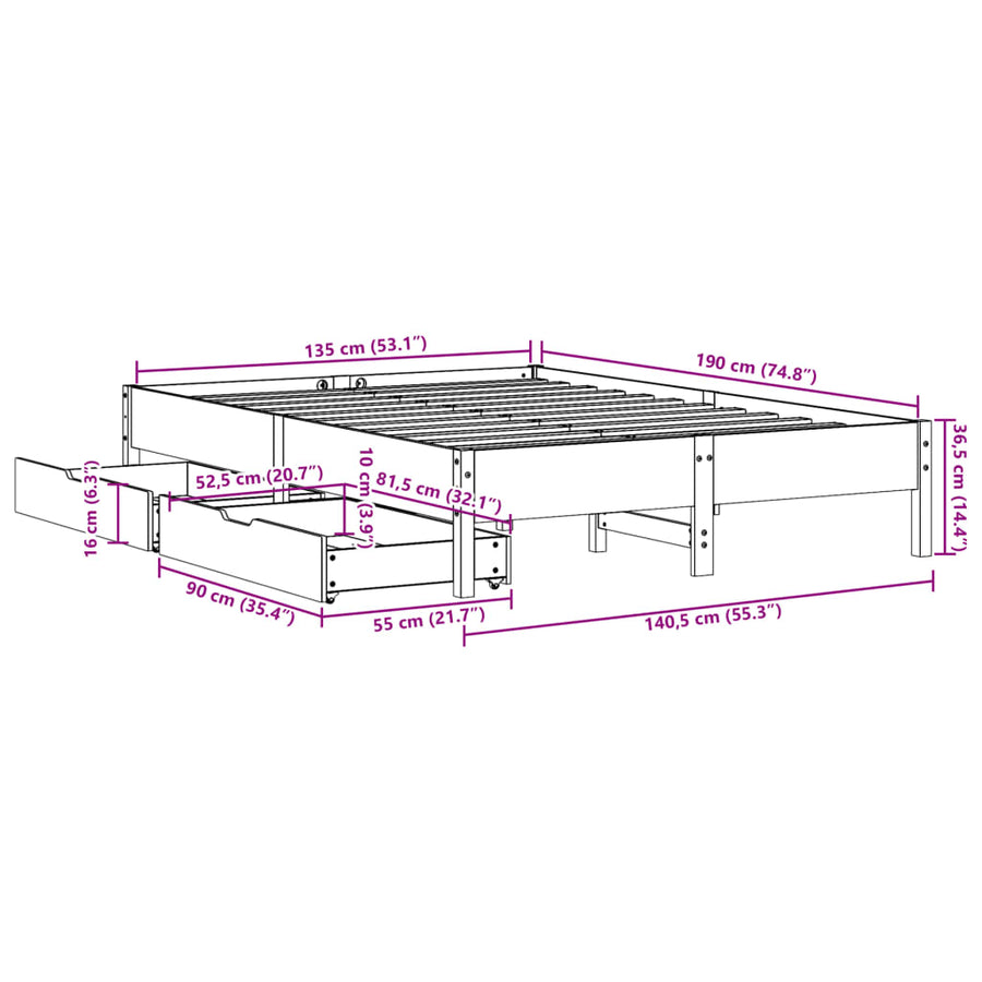 Bedframe zonder matras massief grenenhout 135x190 cm