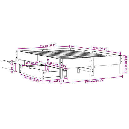 Bedframe zonder matras massief grenenhout wit 135x190 cm