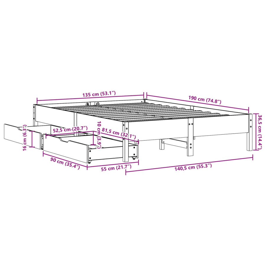 Bedframe zonder matras massief grenenhout wit 135x190 cm