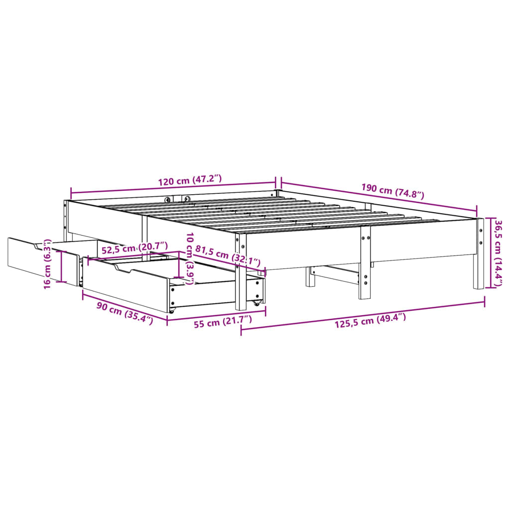 Bedframe zonder matras massief grenenhout 120x190 cm