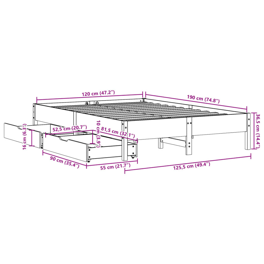 Bedframe zonder matras massief grenenhout wit 120x190 cm