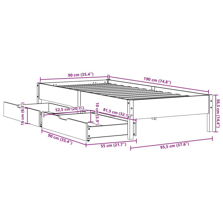 Bedframe zonder matras massief grenenhout wit 90x190 cm