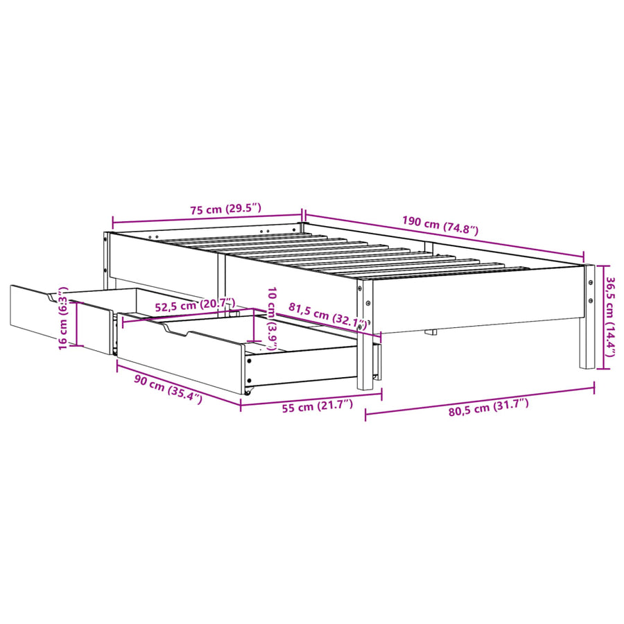 Bedframe zonder matras massief grenenhout wit 75x190 cm