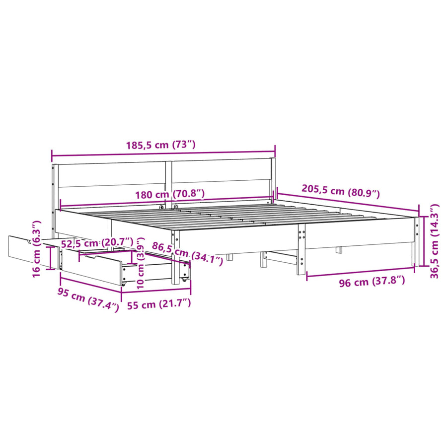 Bedframe zonder matras massief grenenhout wit 180x200 cm